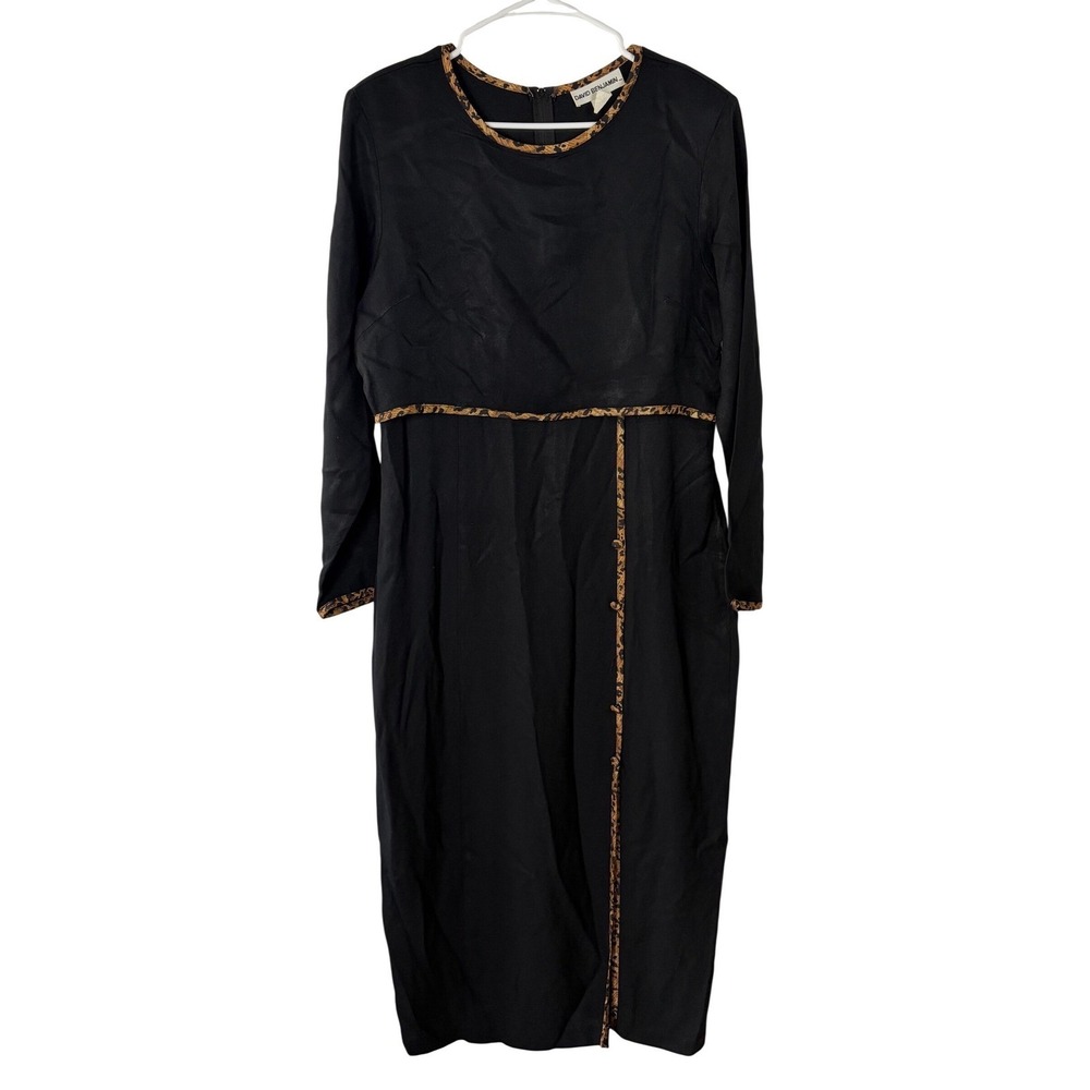 David Benjamin‎ Vintage Black Midi Dress Leopard Print Trim Long Sleeve Size 12